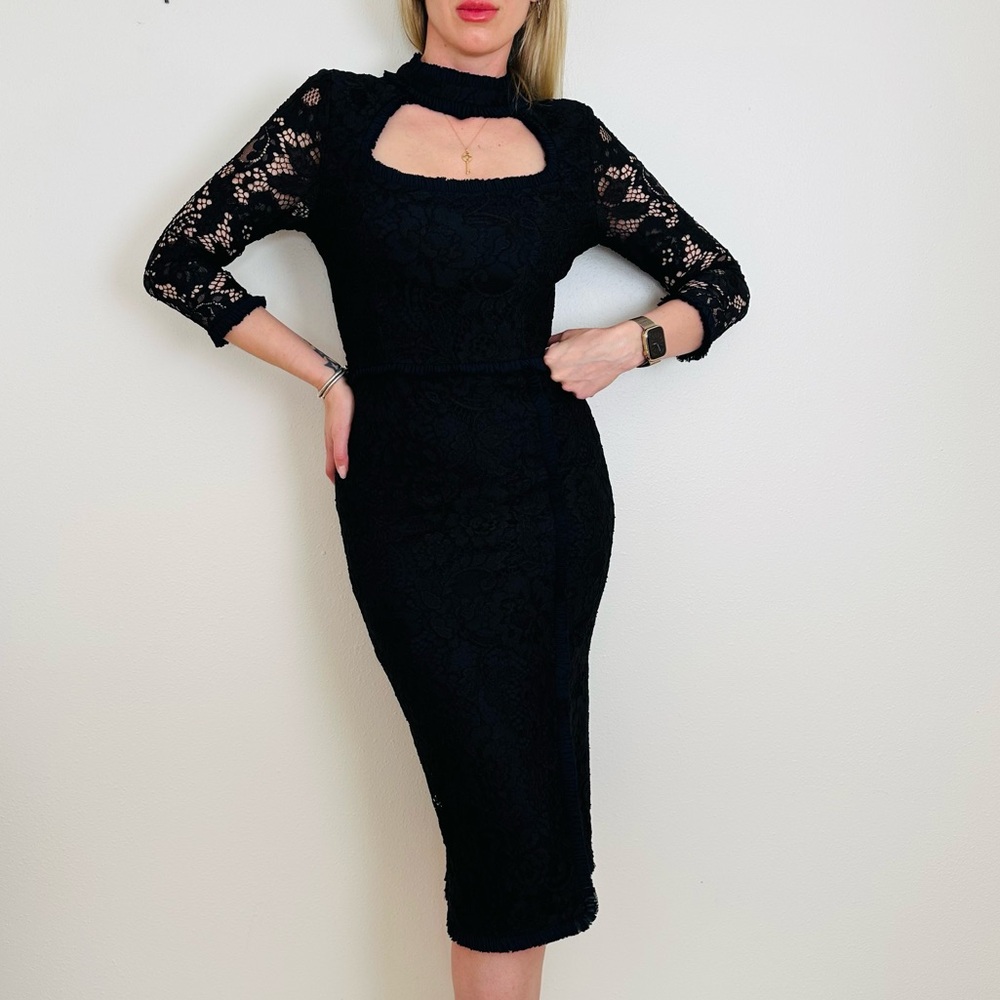 Alexis Black Sheath Long Sleeve High Neck Lace Midi Bodycon Dress